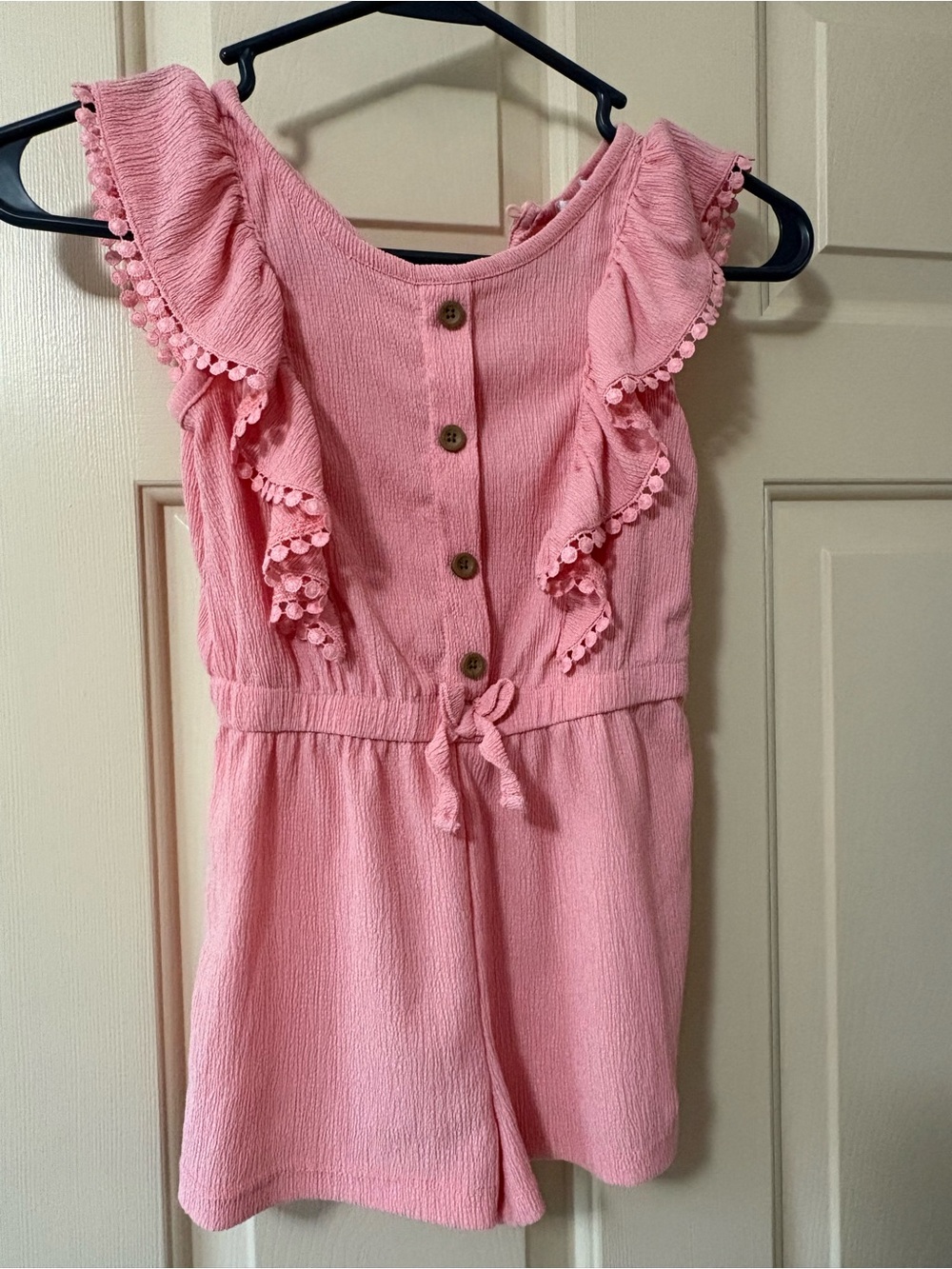 Tahari Pink Ruffle Romper with Button Front